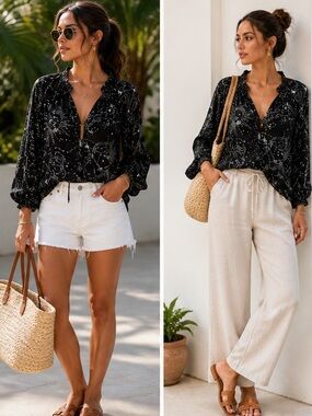 White House Black Market Celestial Zodiac Blouse Ruffle Tie Neck Black XS